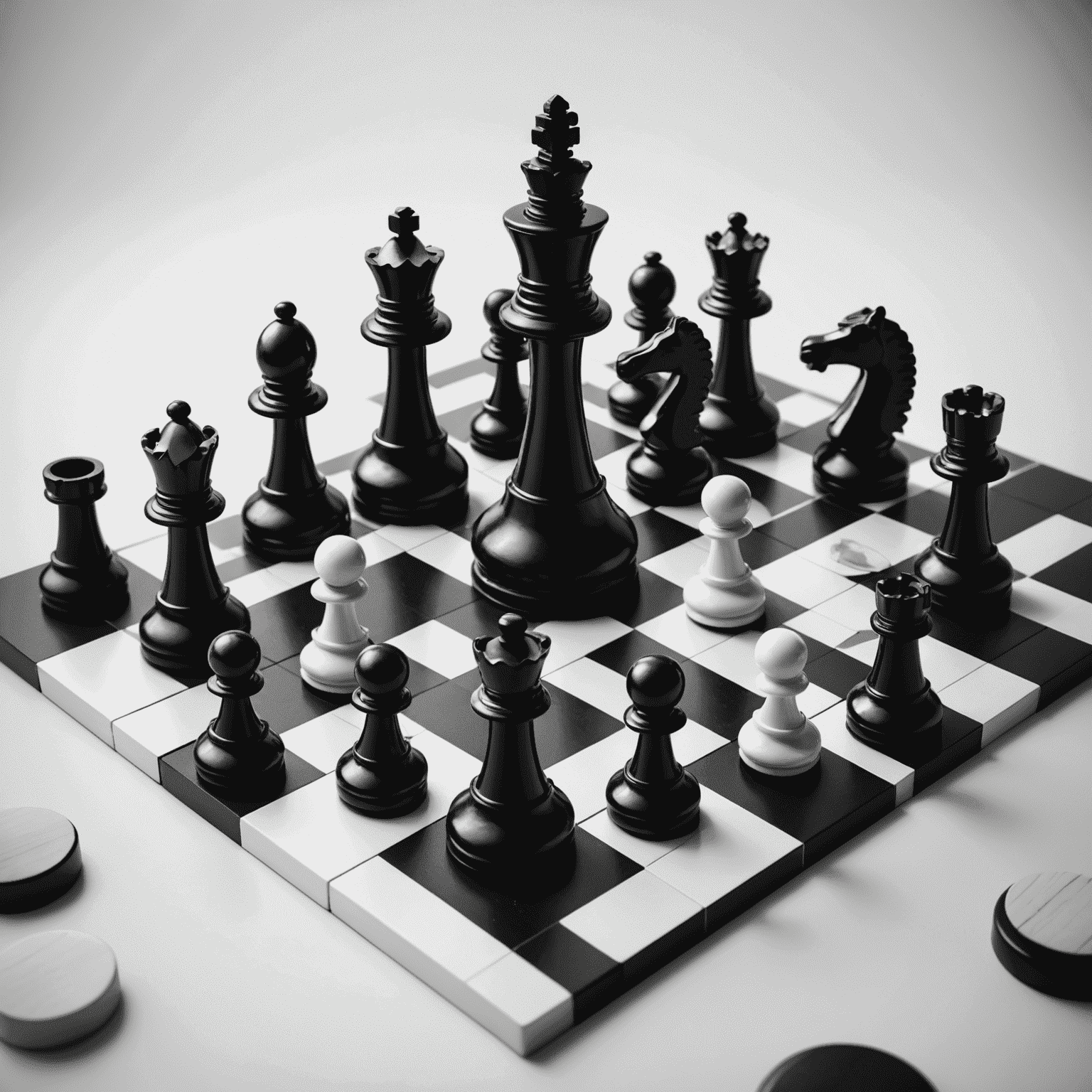 A black and white image of various abstract game pieces arranged in a geometric pattern. The pieces include chess pawns, go stones, and other minimalist game components, showcasing the essence of abstract strategy games.
