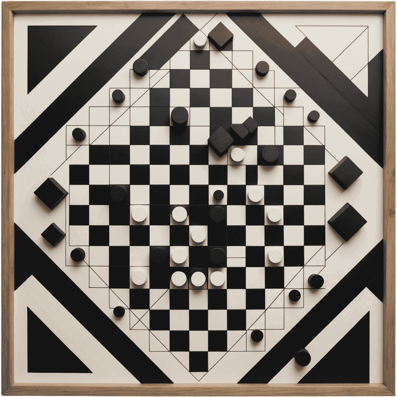 An abstract strategy game board with geometric shapes in black and white, showcasing complex patterns and possible moves