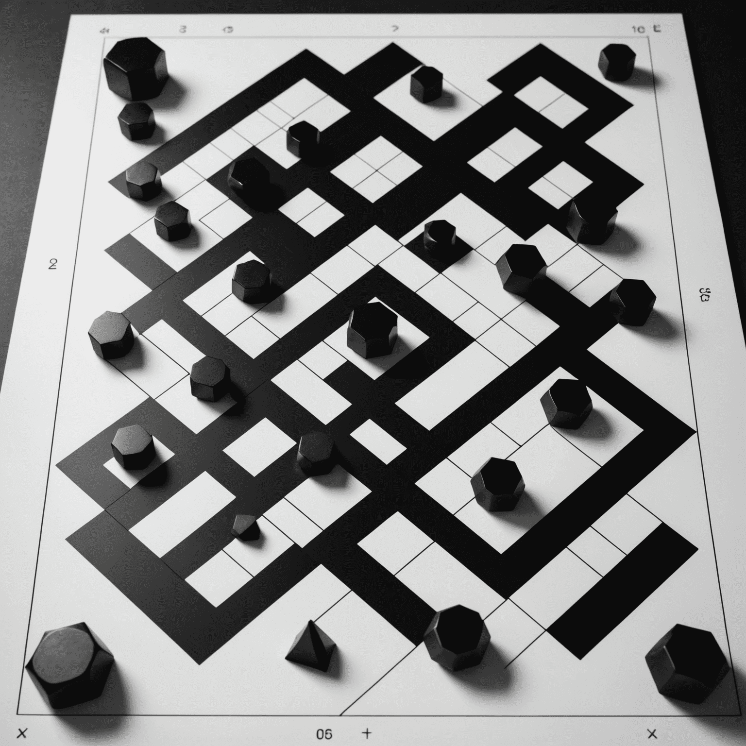 A minimalist black and white image of an abstract strategy game board with geometric pieces, showcasing the beauty of pure strategic elements without thematic distractions.