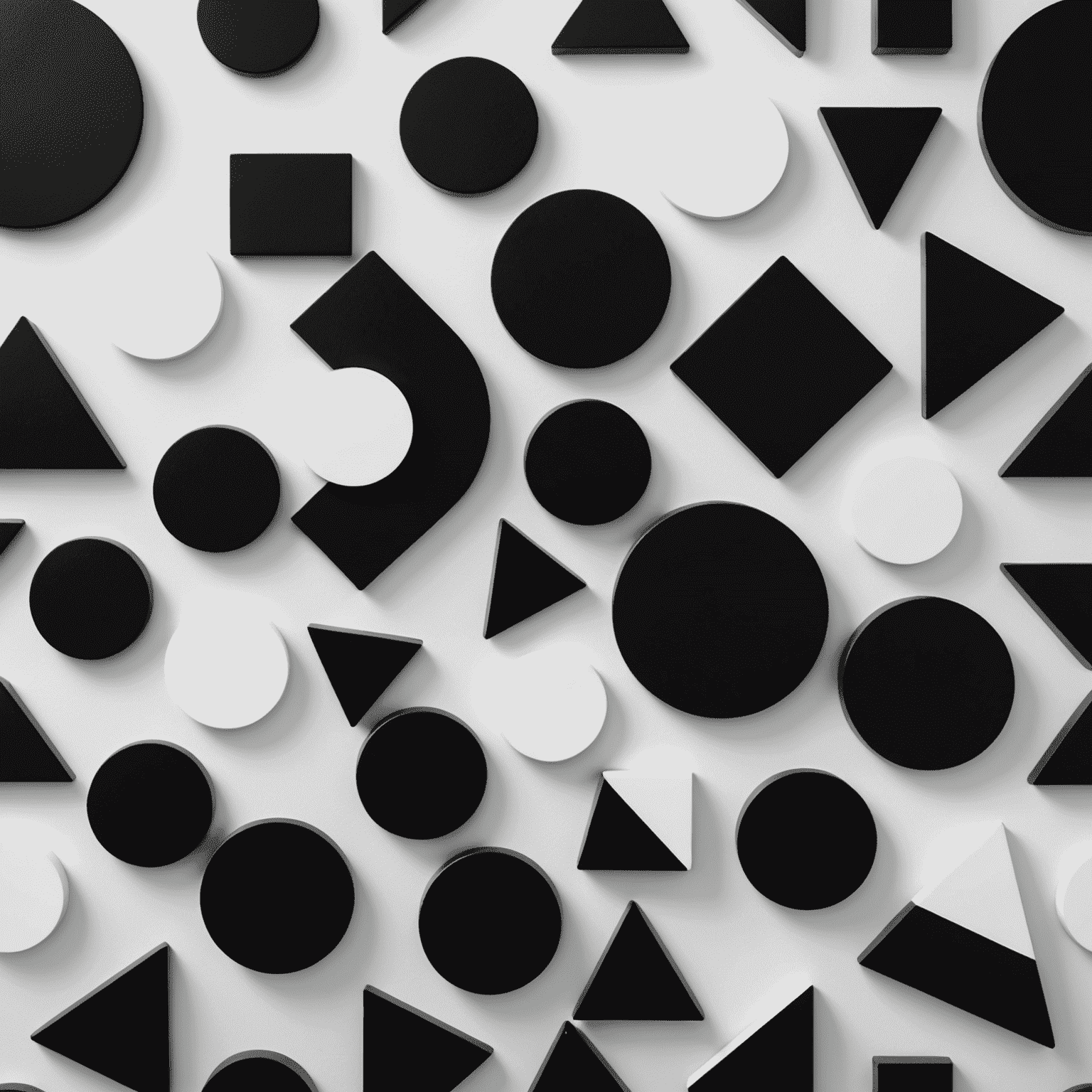 A minimalist black and white image showcasing various abstract game pieces arranged in a geometric pattern. The pieces include circles, squares, and triangles, representing the core elements of abstract strategy games.