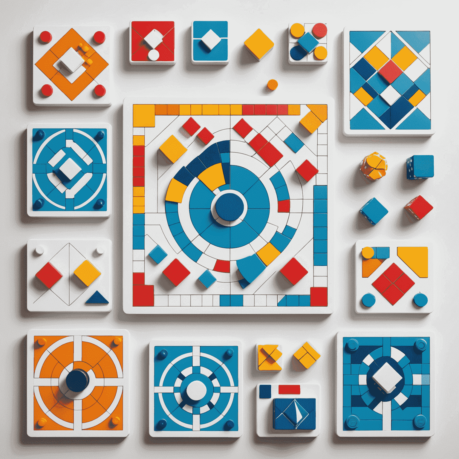 A collection of abstract board games including Quarto, Blokus, and Santorini arranged on a minimalist white table. The games showcase their geometric pieces and boards, emphasizing the clean lines and shapes characteristic of abstract games.