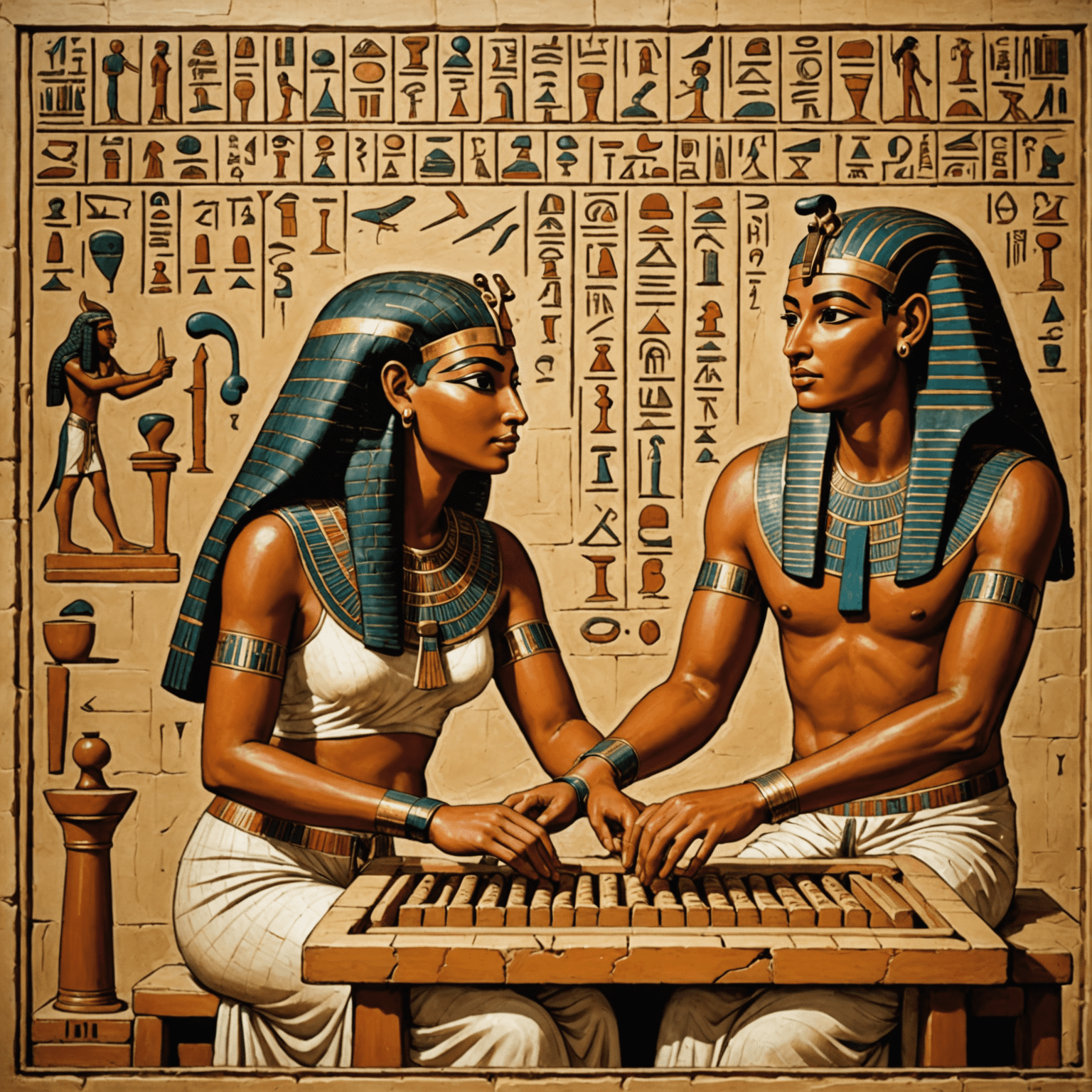 Ancient Egyptian people playing Senet, with hieroglyphics visible in the background