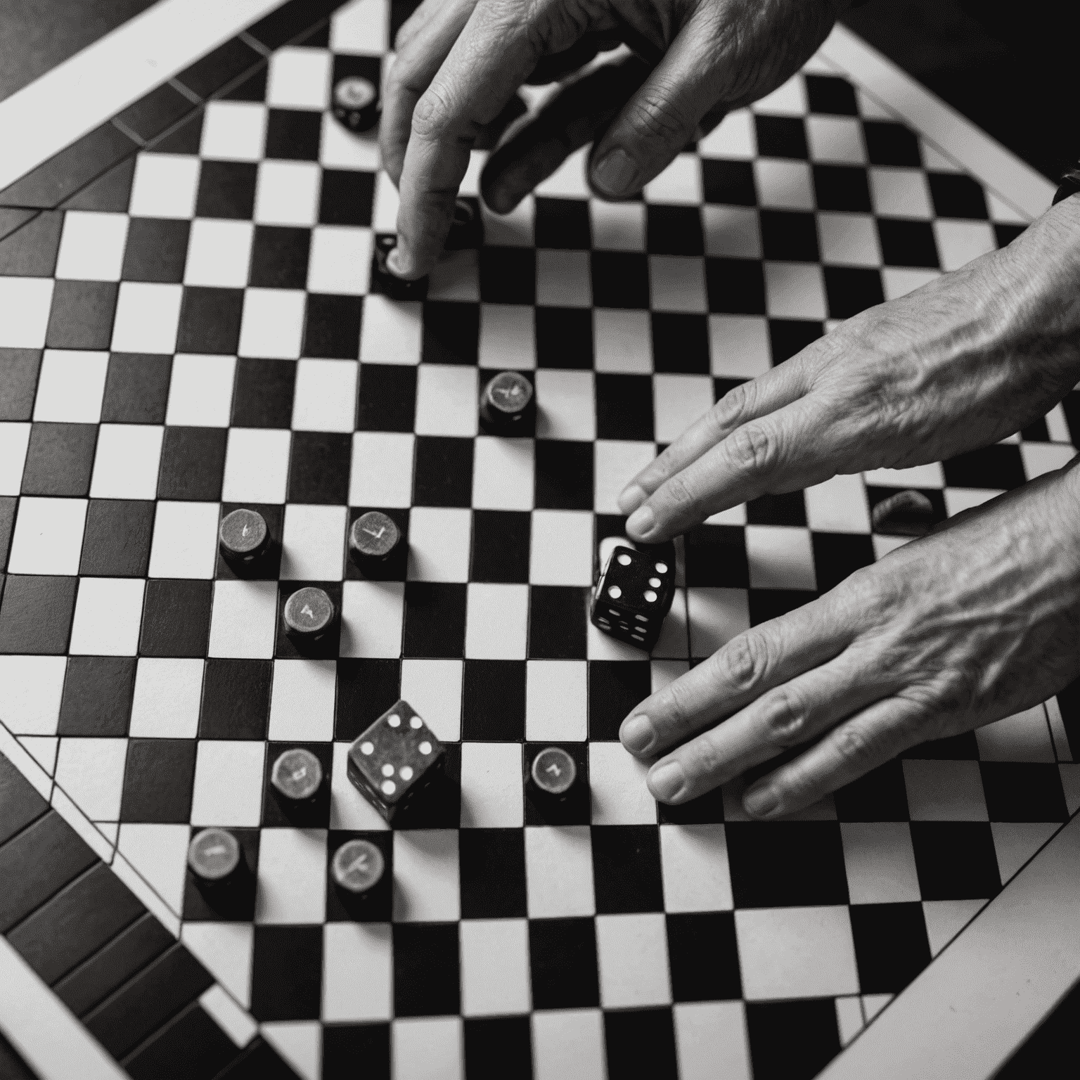 A black and white close-up of hands moving pieces on an abstract game board. The board features a grid pattern with black and white pieces, emphasizing the contrast and geometric nature of abstract games.