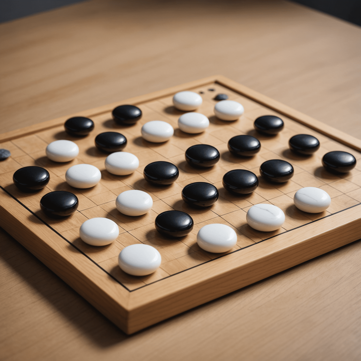 A traditional wooden Go board with black and white stones, set against a minimalist background
