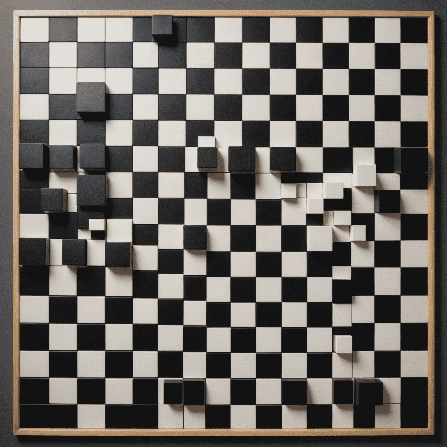 An overhead view of multiple abstract game boards arranged in a geometric pattern. The boards feature various shapes and layouts, all in stark black and white, illustrating the diversity and visual appeal of abstract game designs.