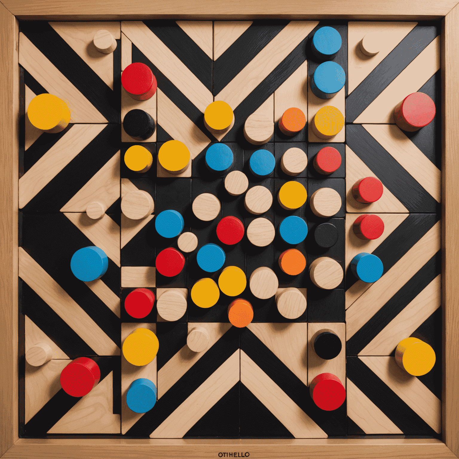 A collection of modern abstract board games including Othello, Connect Four, and Quarto, arranged in a geometric pattern