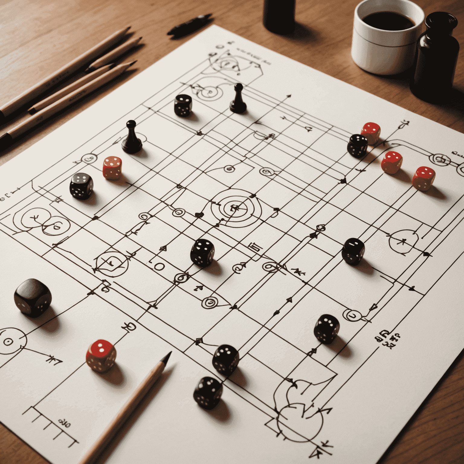 A minimalist sketch of game pieces and a partially completed game board, with arrows and notations suggesting the design process and strategic considerations.