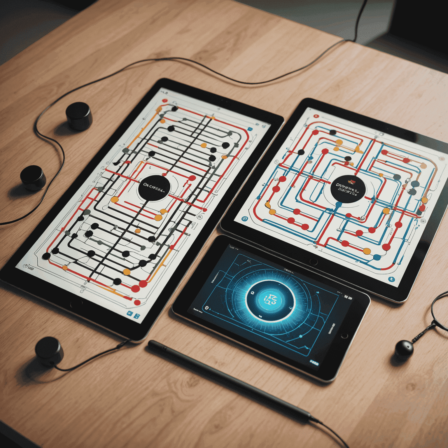 A split image showing a physical abstract game board on one side and its digital counterpart on a tablet screen on the other, connected by circuit-like lines.
